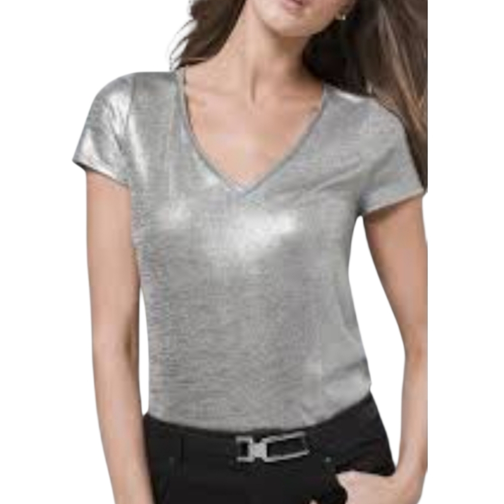WHBM‎ Silver Lame V-neck Top Size XL